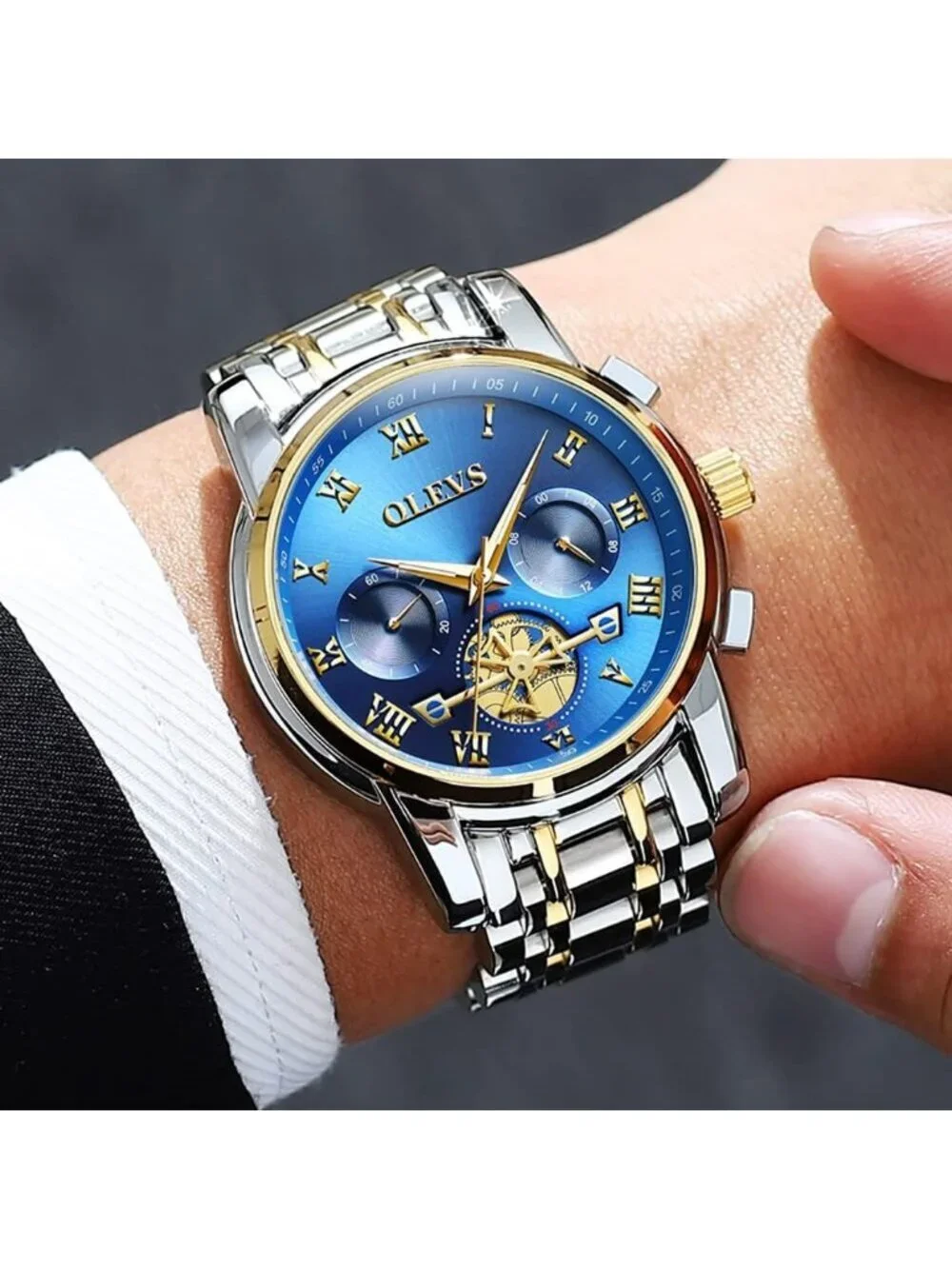 Olevs Men's Silver Blue Face Multifunction Waterproof Luminous Chronograph Watch